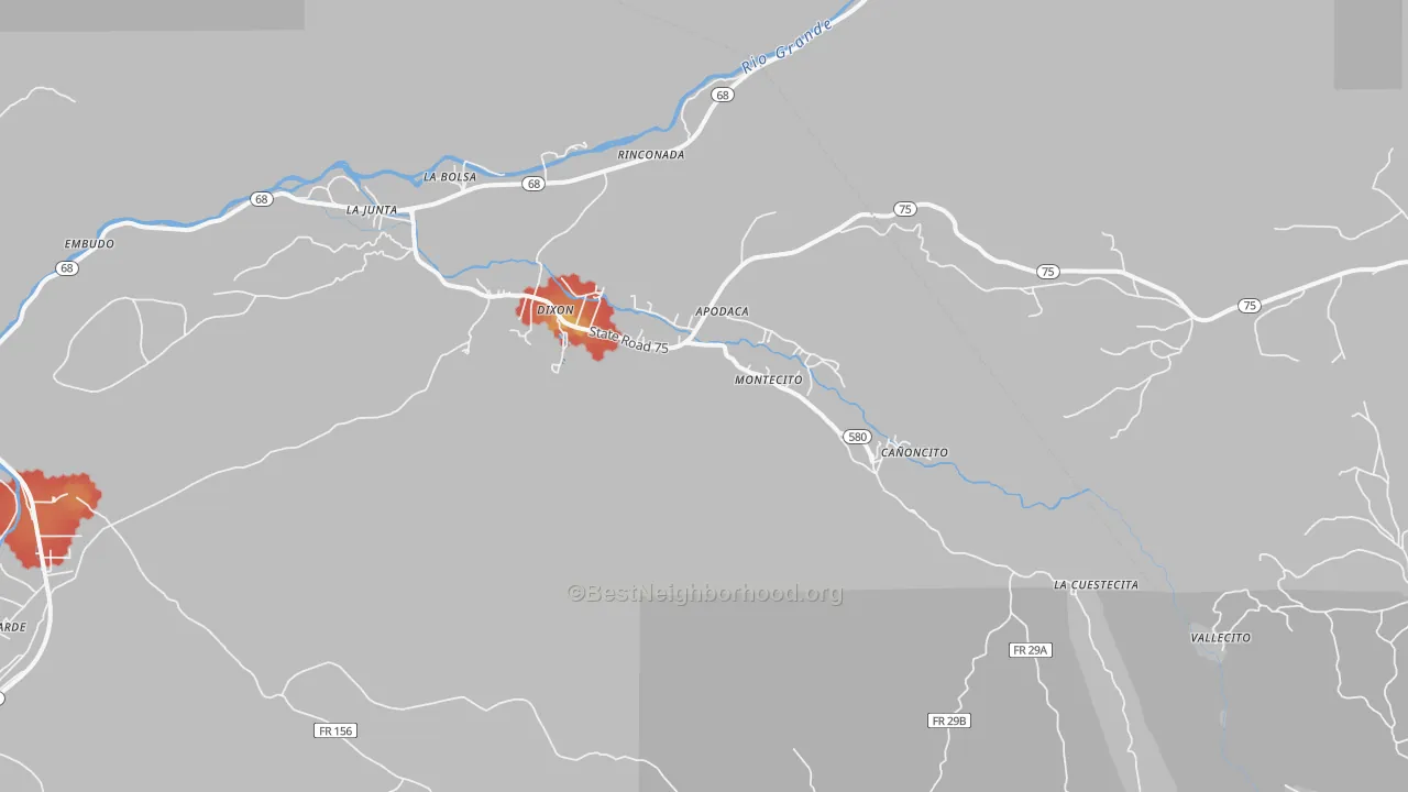 Walk Grade map of 87527, NM, walkable areas in green and car-dependent areas in red