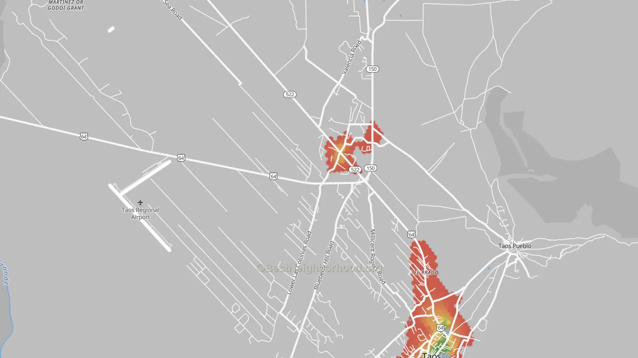 Walk Grade map of 87529, NM, walkable areas in green and car-dependent areas in red