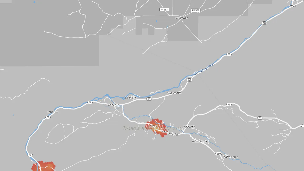 Walk Grade map of 87531, NM, walkable areas in green and car-dependent areas in red