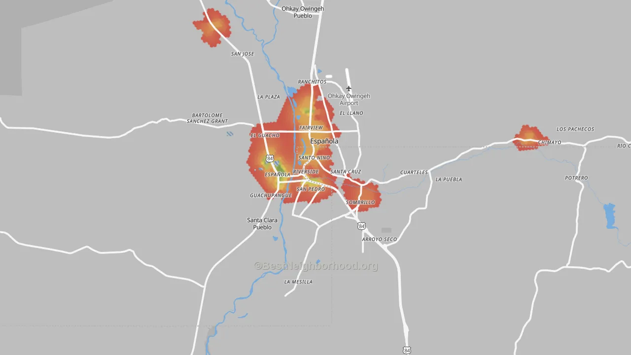 Walk Grade map of 87532, NM, walkable areas in green and car-dependent areas in red