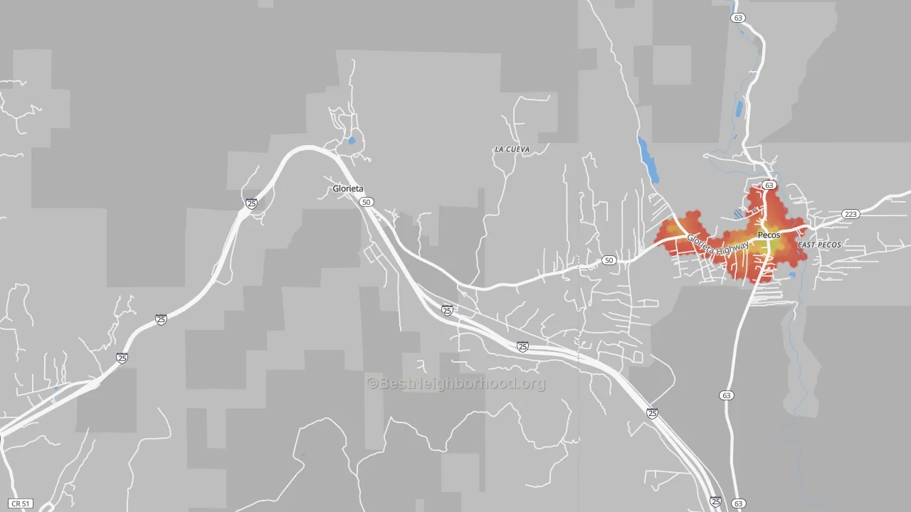Walk Grade map of 87535, NM, walkable areas in green and car-dependent areas in red