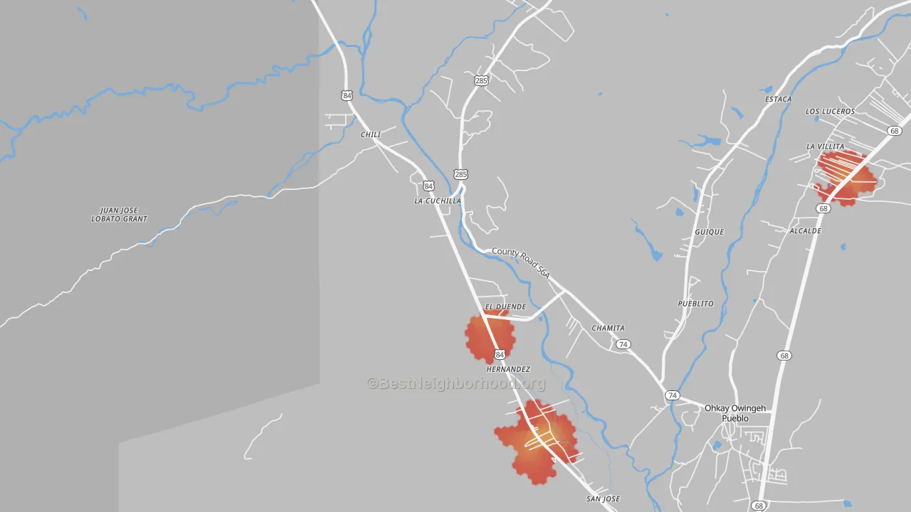 Walk Grade map of 87537, NM, walkable areas in green and car-dependent areas in red