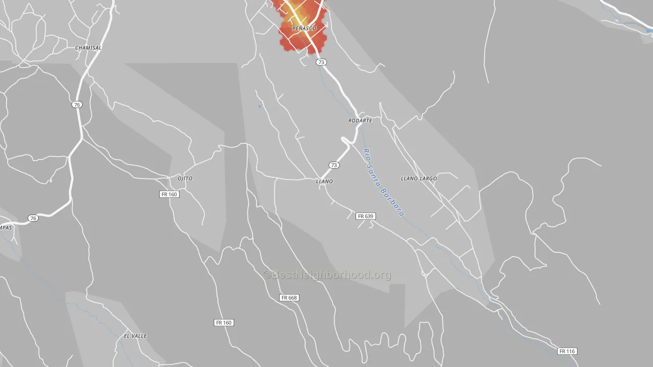 Walk Grade map of 87543, NM, walkable areas in green and car-dependent areas in red