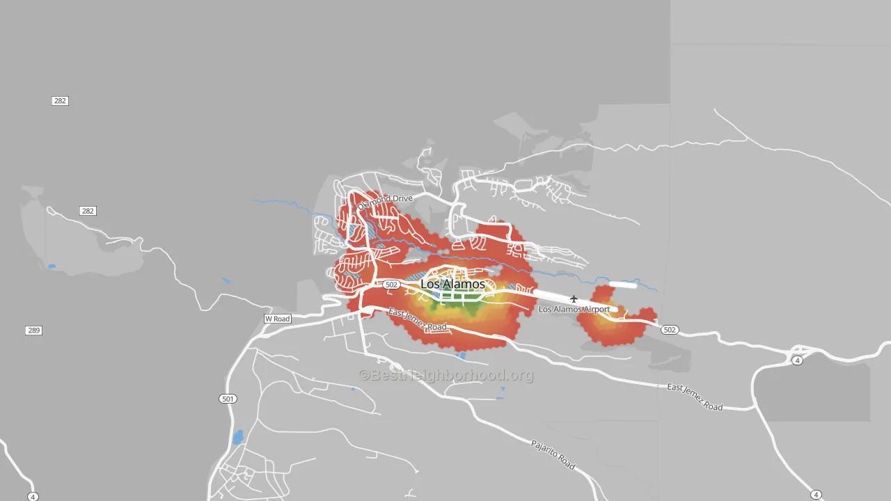 Walk Grade map of 87544, NM, walkable areas in green and car-dependent areas in red