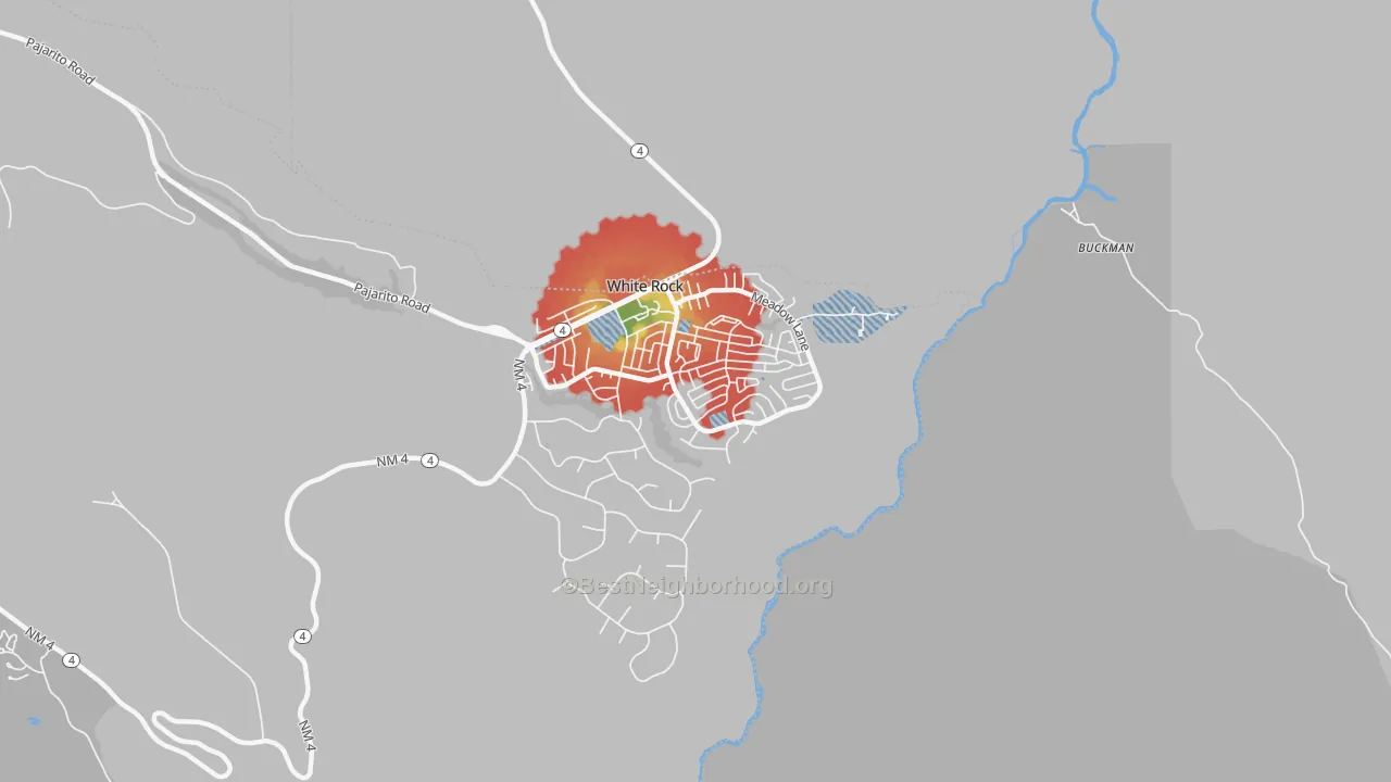 Walk Grade map of 87547, NM, walkable areas in green and car-dependent areas in red