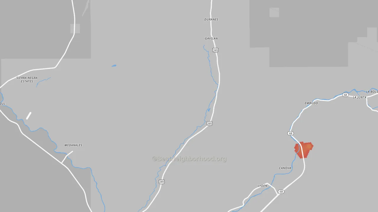 Walk Grade map of 87549, NM, walkable areas in green and car-dependent areas in red