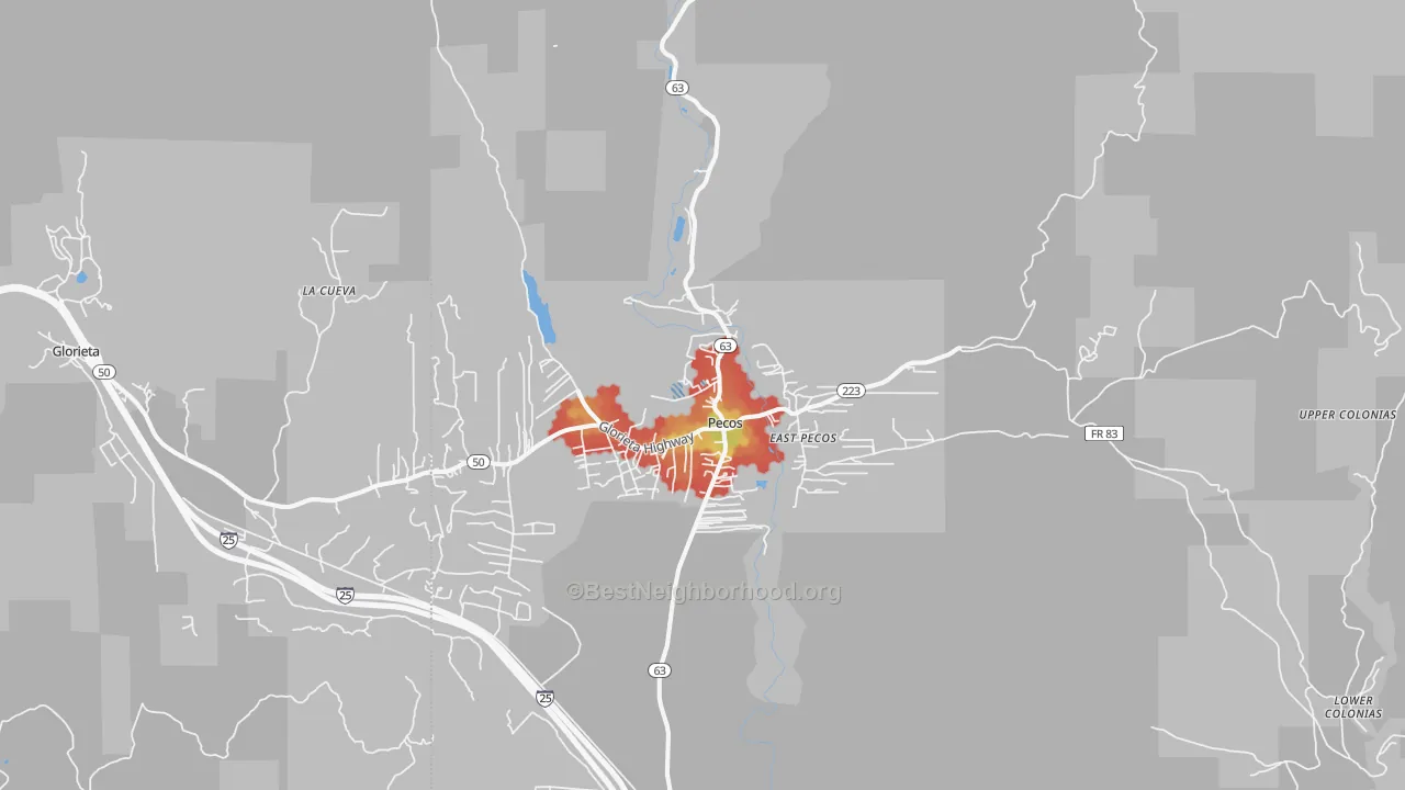 Walk Grade map of 87552, NM, walkable areas in green and car-dependent areas in red