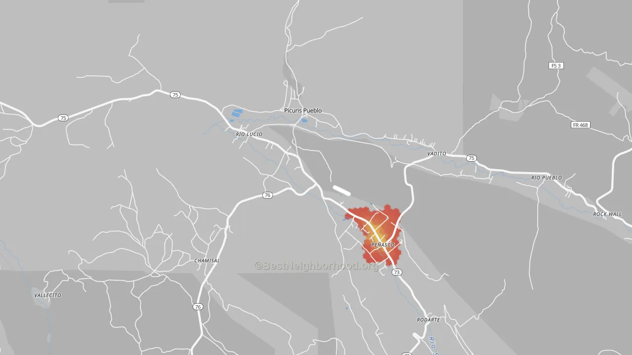 Walk Grade map of 87553, NM, walkable areas in green and car-dependent areas in red