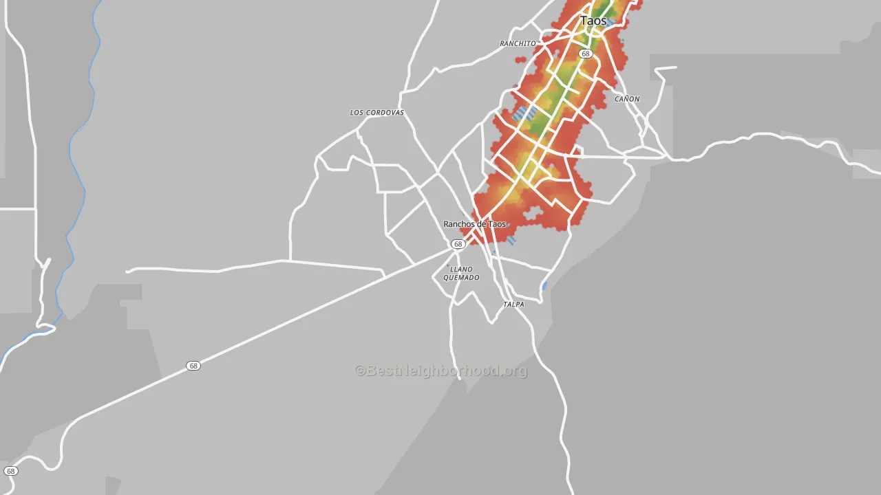 Walk Grade map of 87557, NM, walkable areas in green and car-dependent areas in red