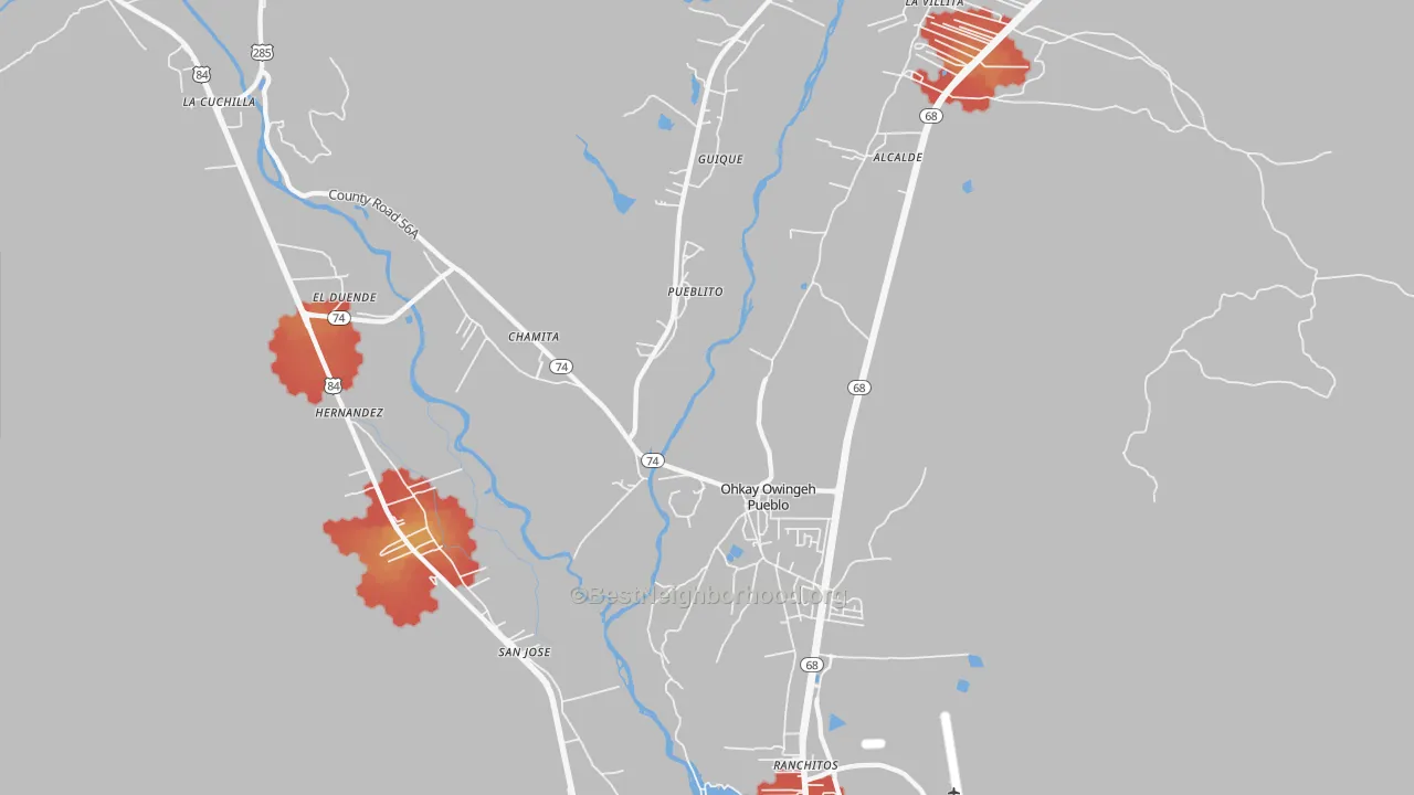 Walk Grade map of 87566, NM, walkable areas in green and car-dependent areas in red