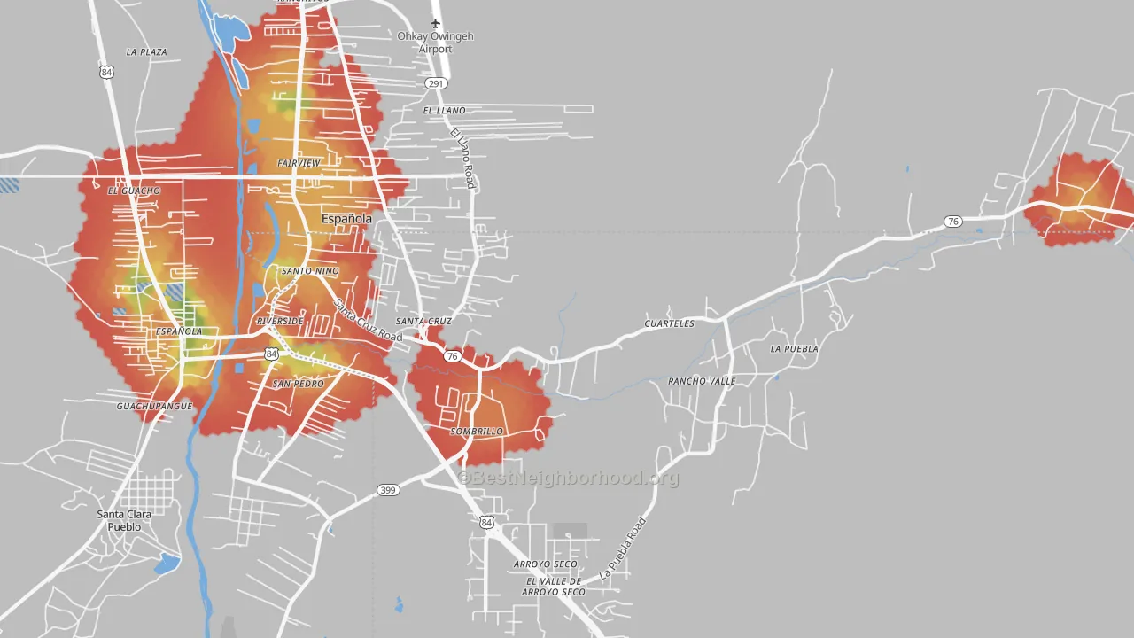 Walk Grade map of 87567, NM, walkable areas in green and car-dependent areas in red