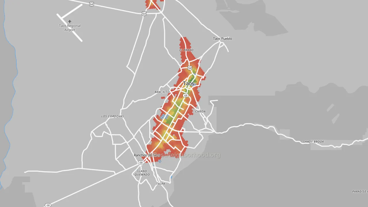 Walk Grade map of 87571, NM, walkable areas in green and car-dependent areas in red