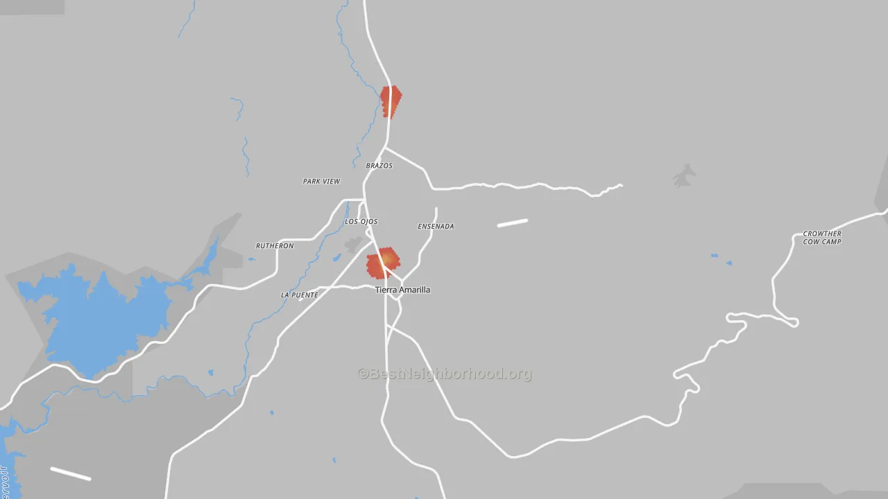 Walk Grade map of 87575, NM, walkable areas in green and car-dependent areas in red