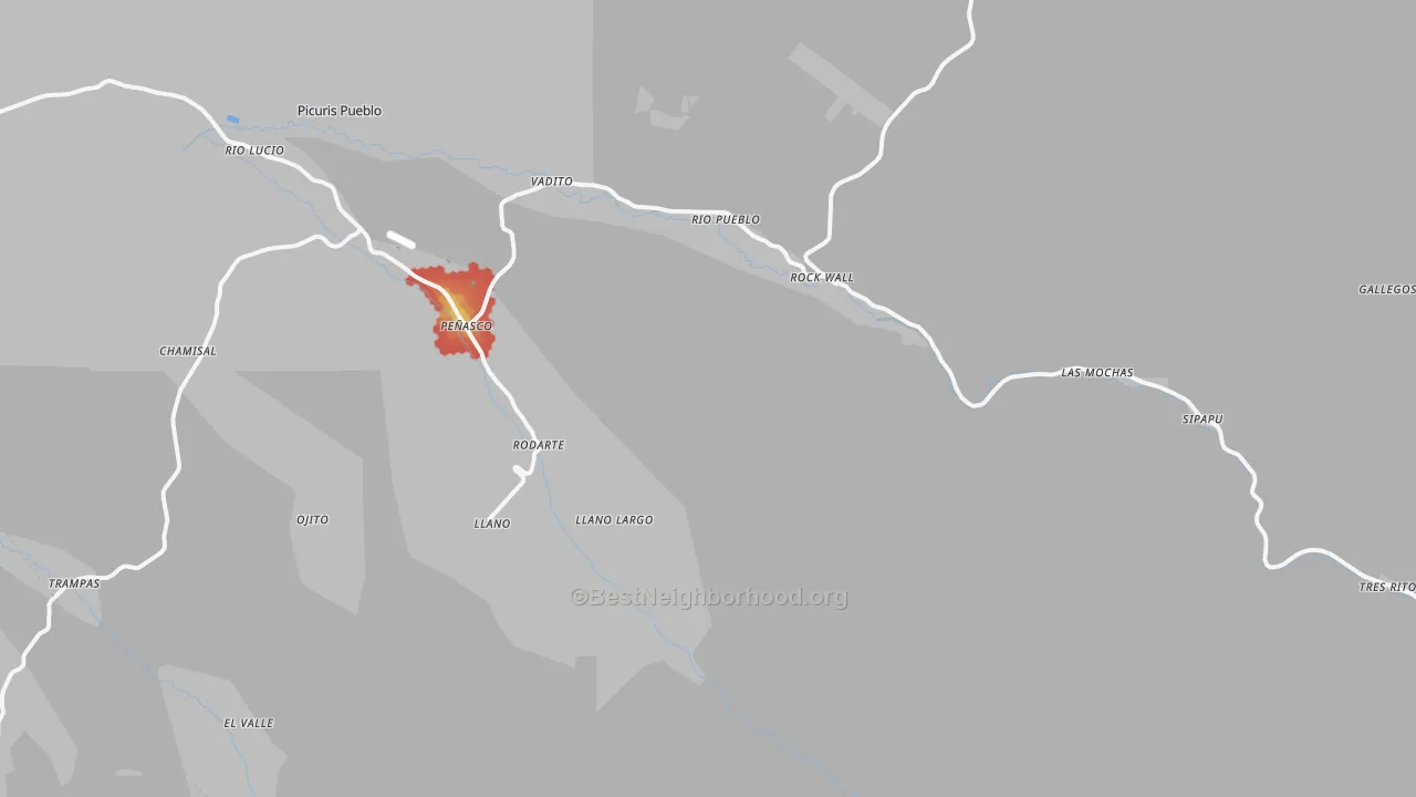 Walk Grade map of 87579, NM, walkable areas in green and car-dependent areas in red