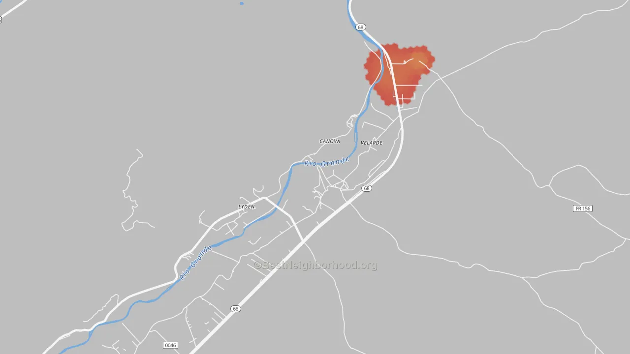 Walk Grade map of 87582, NM, walkable areas in green and car-dependent areas in red