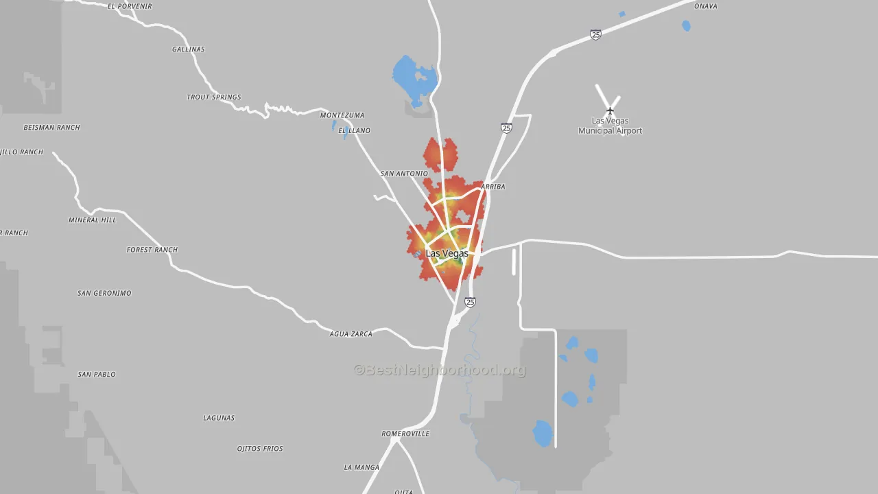 Walk Grade map of 87701, NM, walkable areas in green and car-dependent areas in red