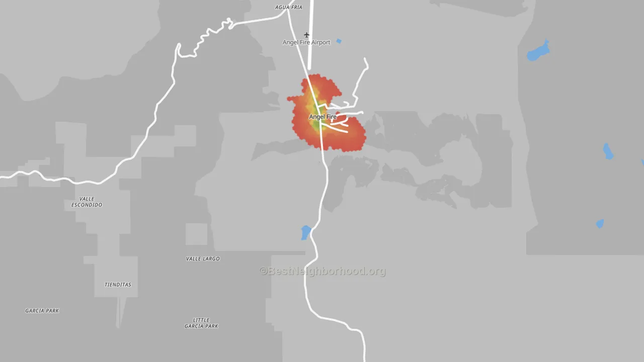 Walk Grade map of 87710, NM, walkable areas in green and car-dependent areas in red