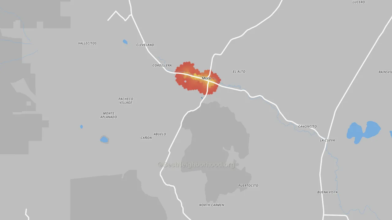 Walk Grade map of 87732, NM, walkable areas in green and car-dependent areas in red