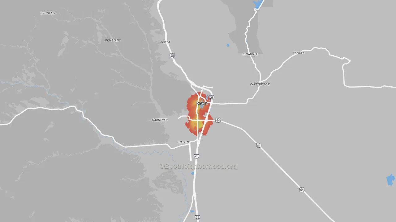 Walk Grade map of 87740, NM, walkable areas in green and car-dependent areas in red