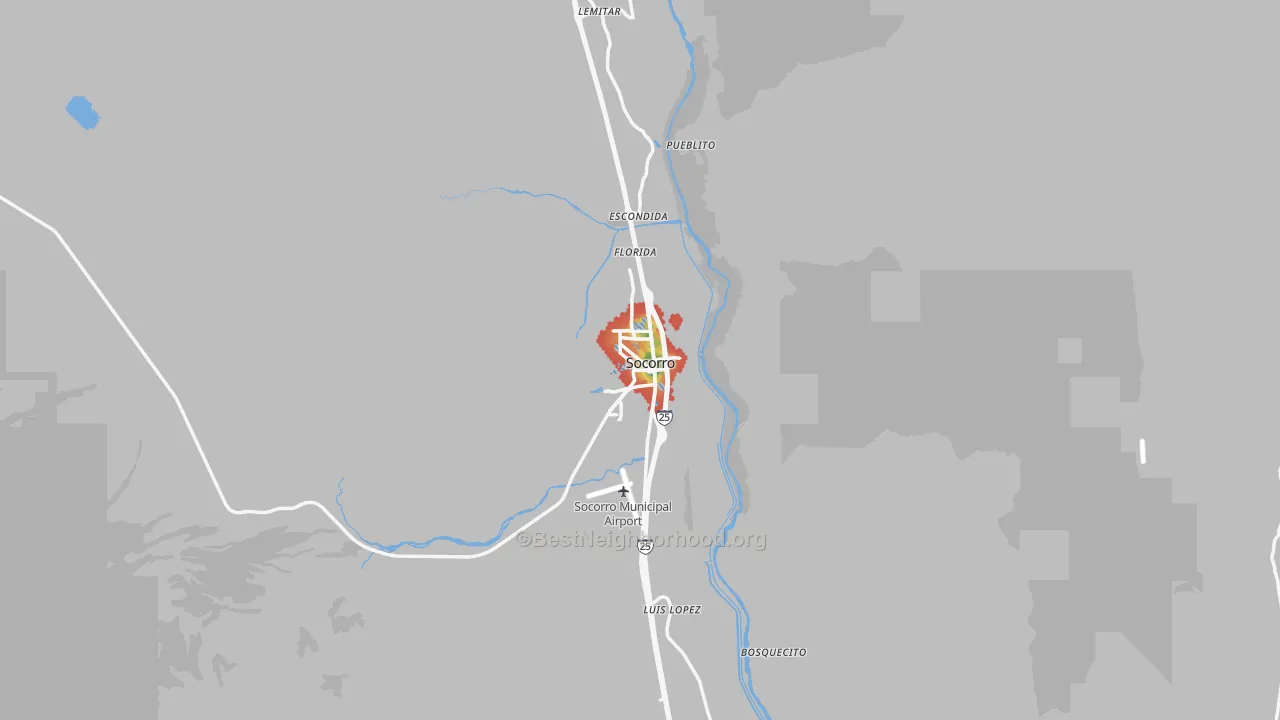 Walk Grade map of 87801, NM, walkable areas in green and car-dependent areas in red
