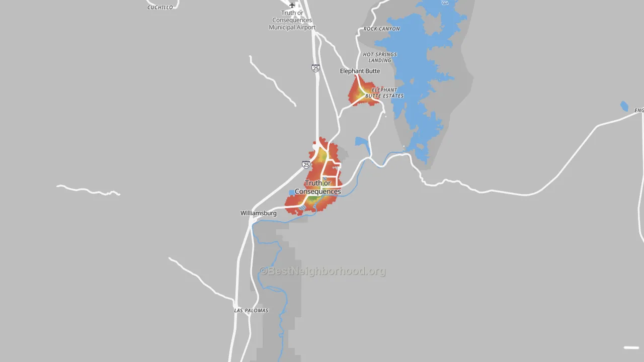 Walk Grade map of 87901, NM, walkable areas in green and car-dependent areas in red