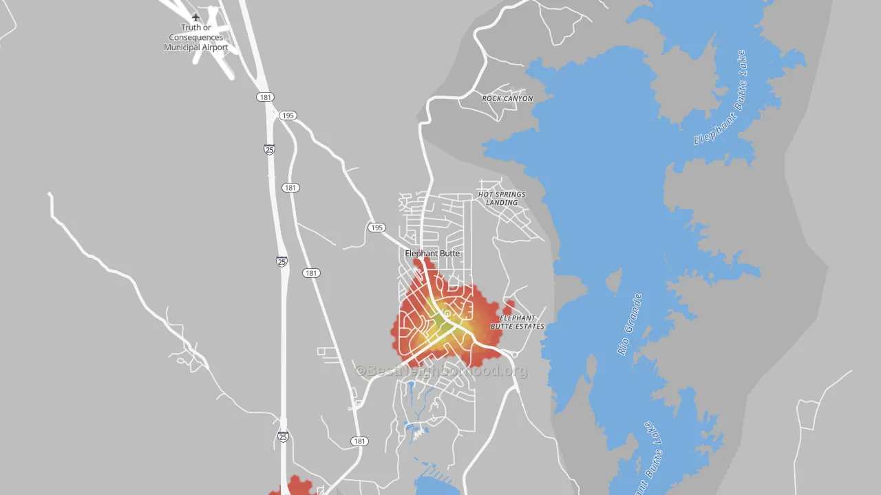 Walk Grade map of 87935, NM, walkable areas in green and car-dependent areas in red