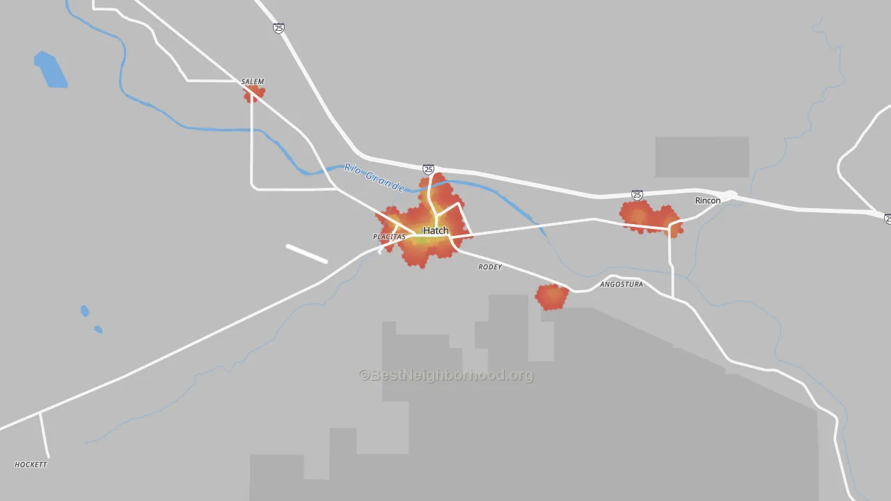 Walk Grade map of 87937, NM, walkable areas in green and car-dependent areas in red