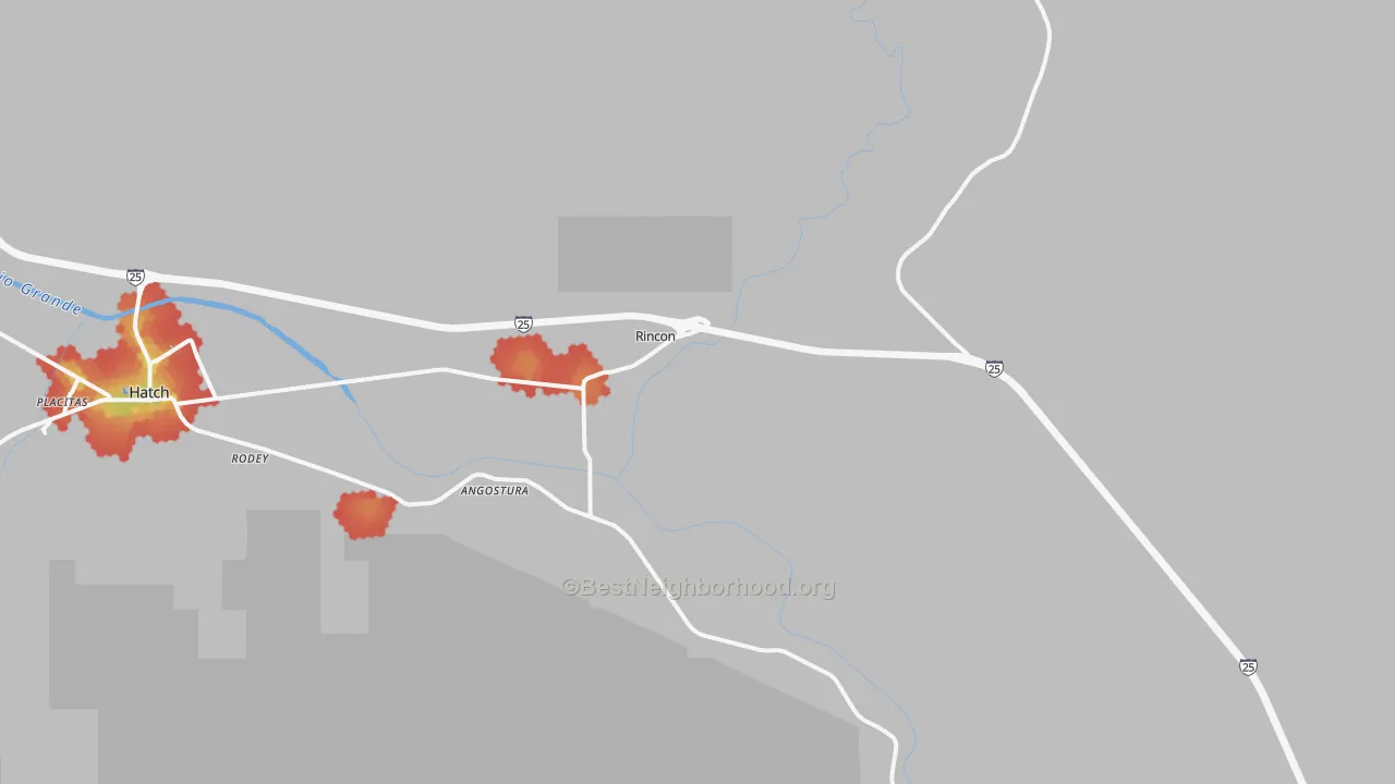 Walk Grade map of 87940, NM, walkable areas in green and car-dependent areas in red