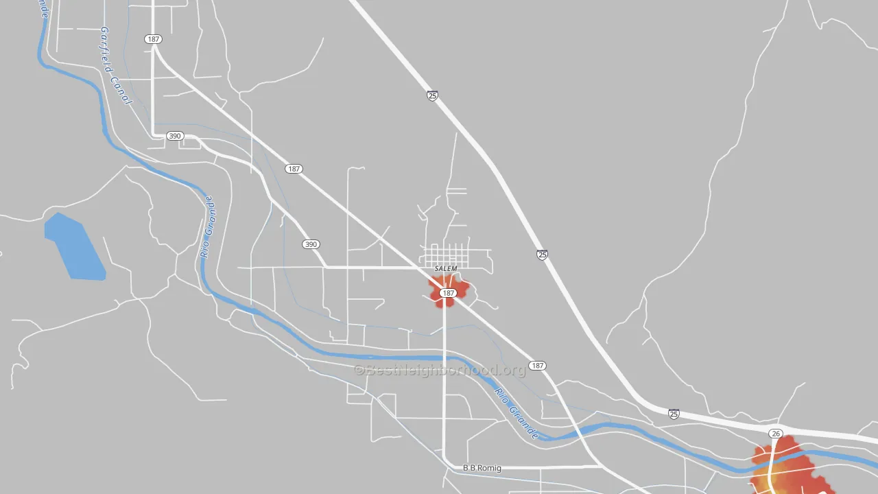 Walk Grade map of 87941, NM, walkable areas in green and car-dependent areas in red