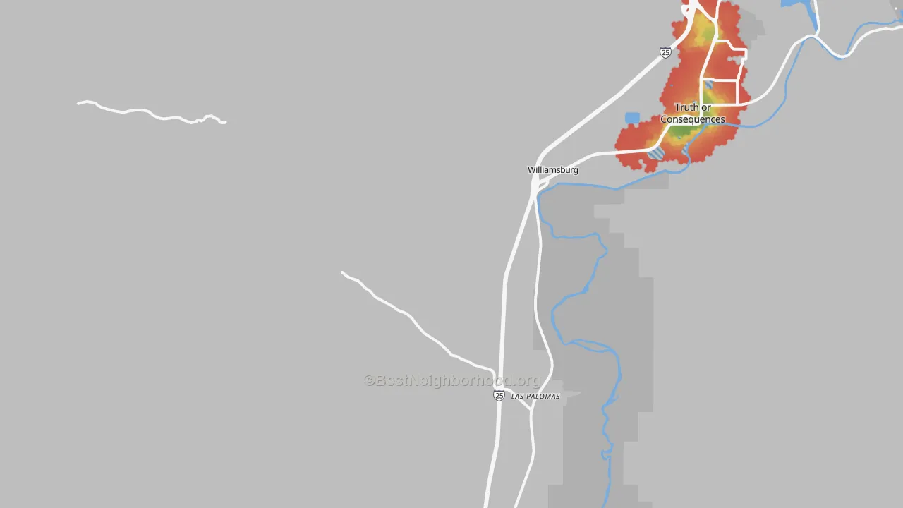 Walk Grade map of 87942, NM, walkable areas in green and car-dependent areas in red