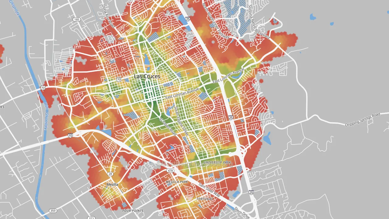 Walk Grade map of 88001, NM, walkable areas in green and car-dependent areas in red