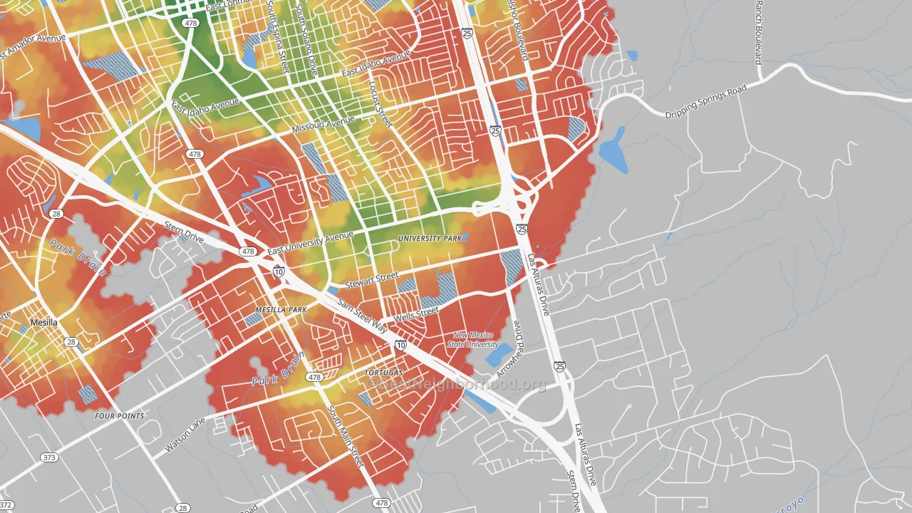 Walk Grade map of 88003, NM, walkable areas in green and car-dependent areas in red
