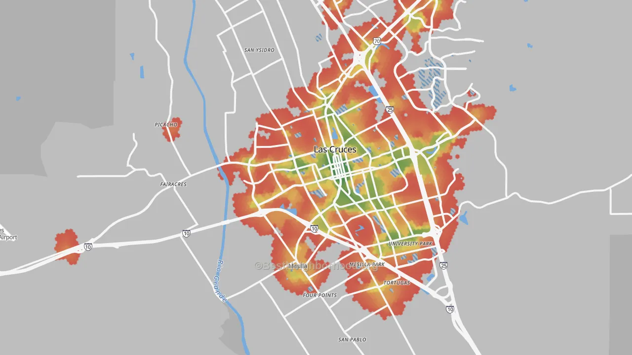 Walk Grade map of 88005, NM, walkable areas in green and car-dependent areas in red