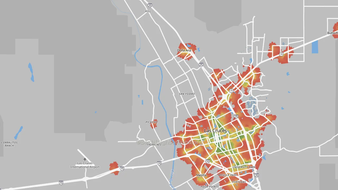 Walk Grade map of 88007, NM, walkable areas in green and car-dependent areas in red