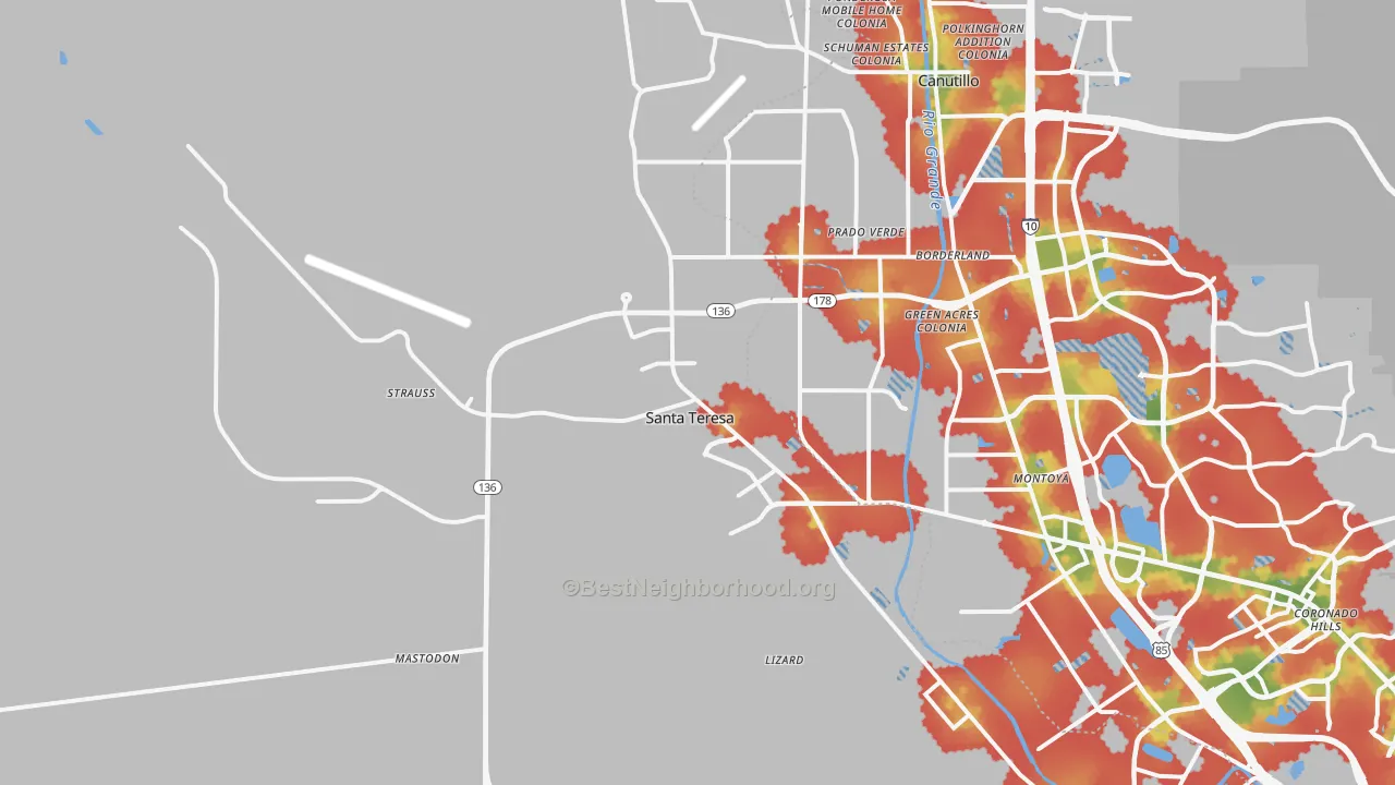 Walk Grade map of 88008, NM, walkable areas in green and car-dependent areas in red