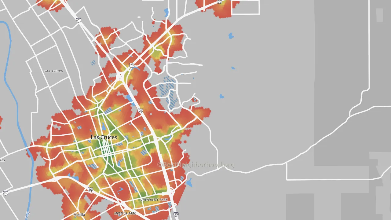 Walk Grade map of 88011, NM, walkable areas in green and car-dependent areas in red