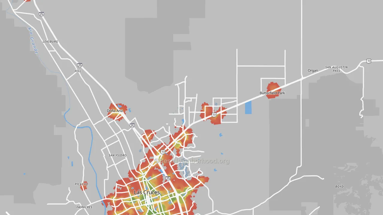 Walk Grade map of 88012, NM, walkable areas in green and car-dependent areas in red