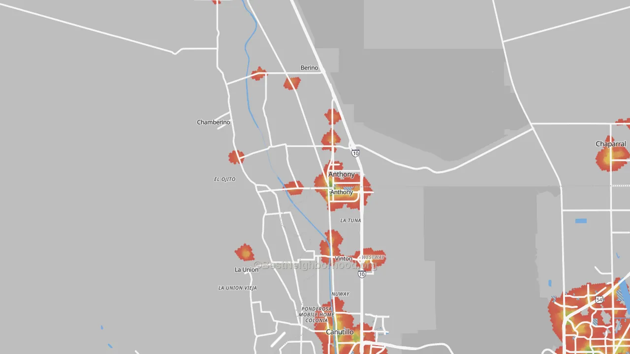 Walk Grade map of 88021, NM, walkable areas in green and car-dependent areas in red