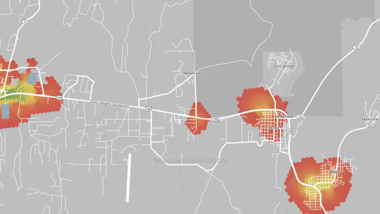 Walk Grade map of 88022, NM, walkable areas in green and car-dependent areas in red
