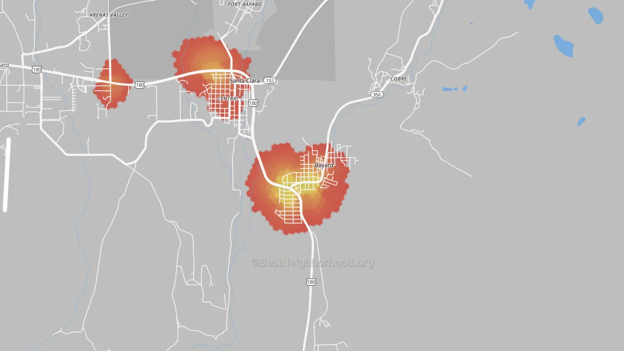 Walk Grade map of 88023, NM, walkable areas in green and car-dependent areas in red