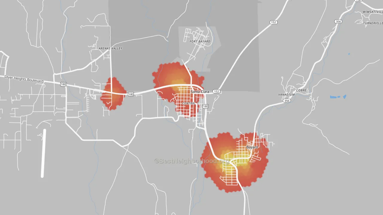 Walk Grade map of 88026, NM, walkable areas in green and car-dependent areas in red