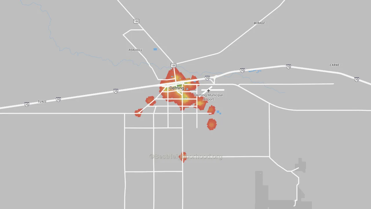 Walk Grade map of 88030, NM, walkable areas in green and car-dependent areas in red