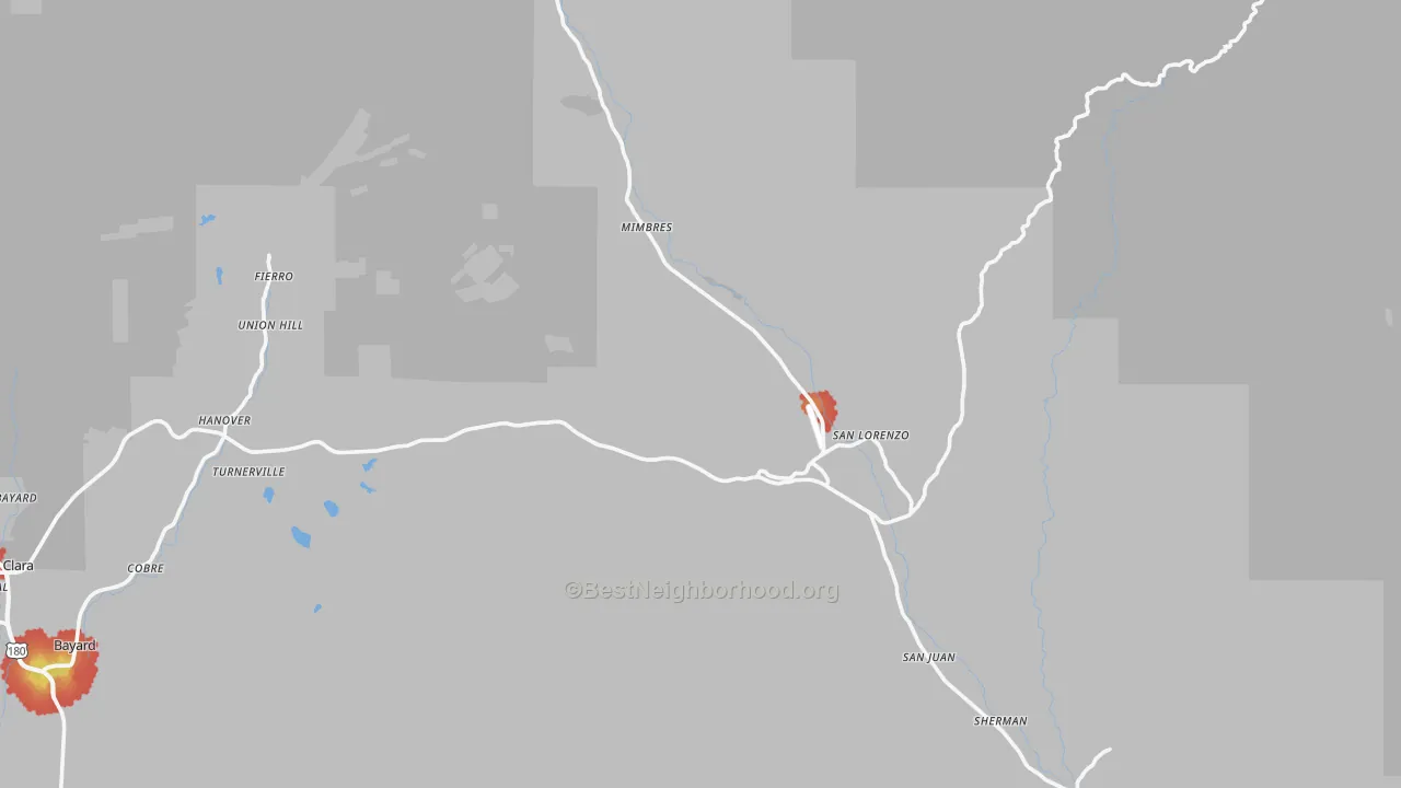 Walk Grade map of 88041, NM, walkable areas in green and car-dependent areas in red