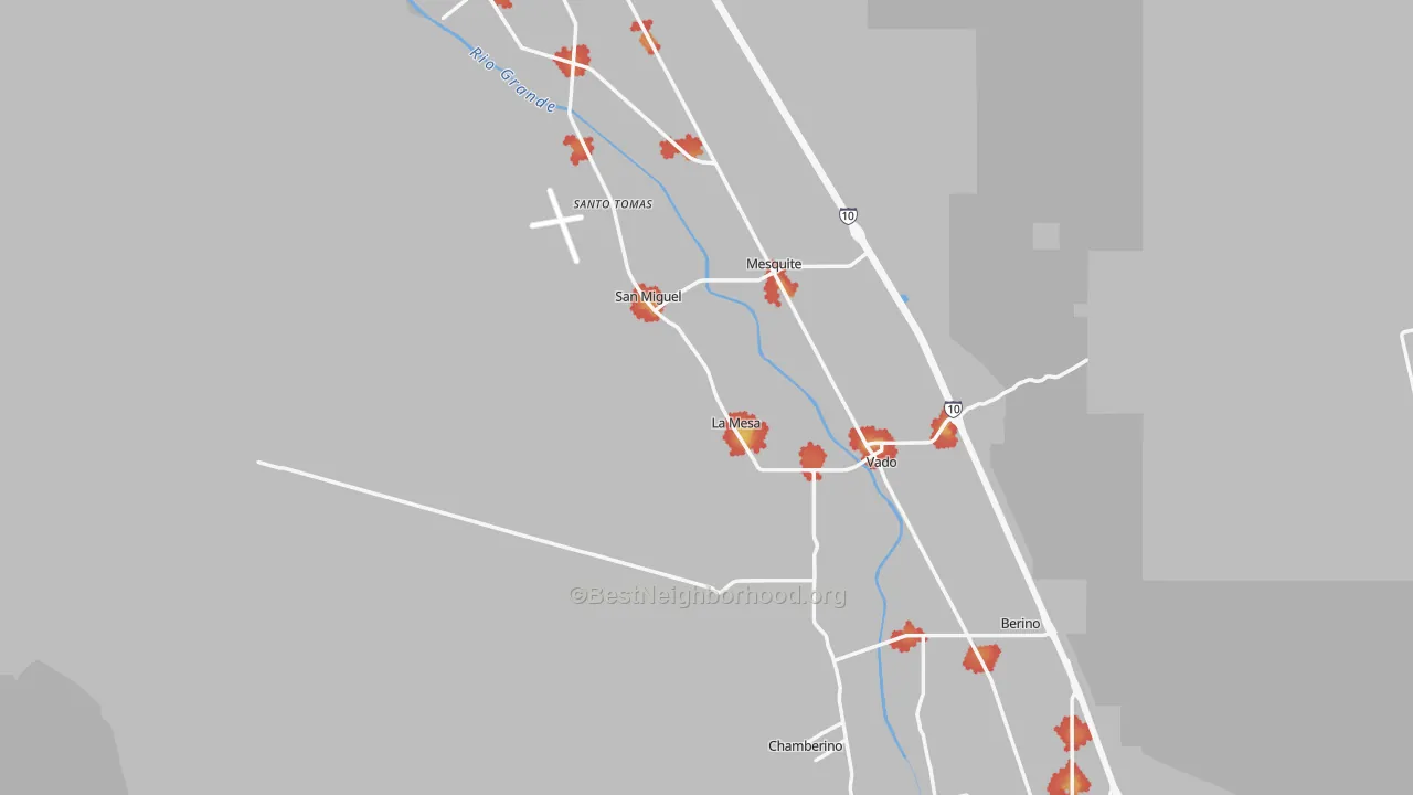 Walk Grade map of 88044, NM, walkable areas in green and car-dependent areas in red