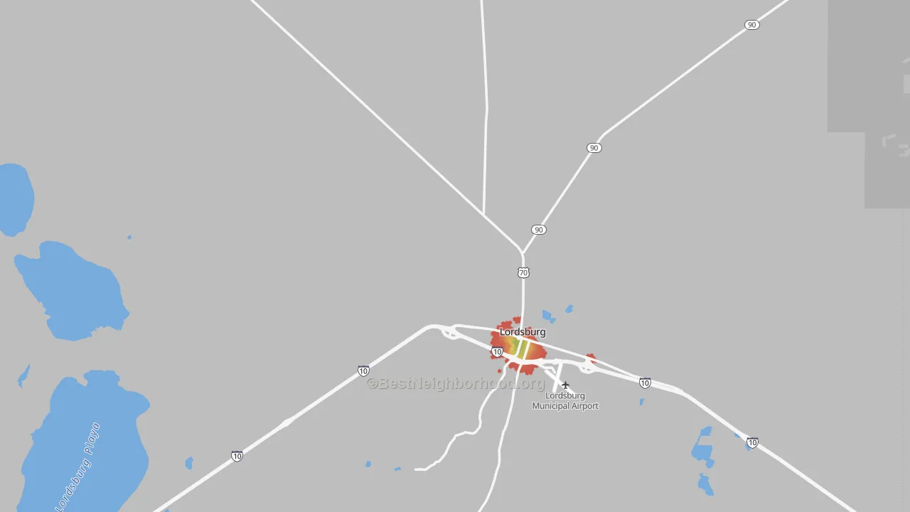 Walk Grade map of 88045, NM, walkable areas in green and car-dependent areas in red