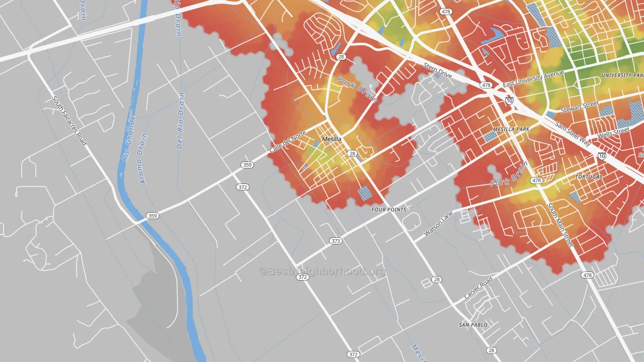 Walk Grade map of 88046, NM, walkable areas in green and car-dependent areas in red