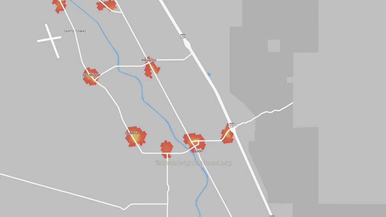 Walk Grade map of 88048, NM, walkable areas in green and car-dependent areas in red