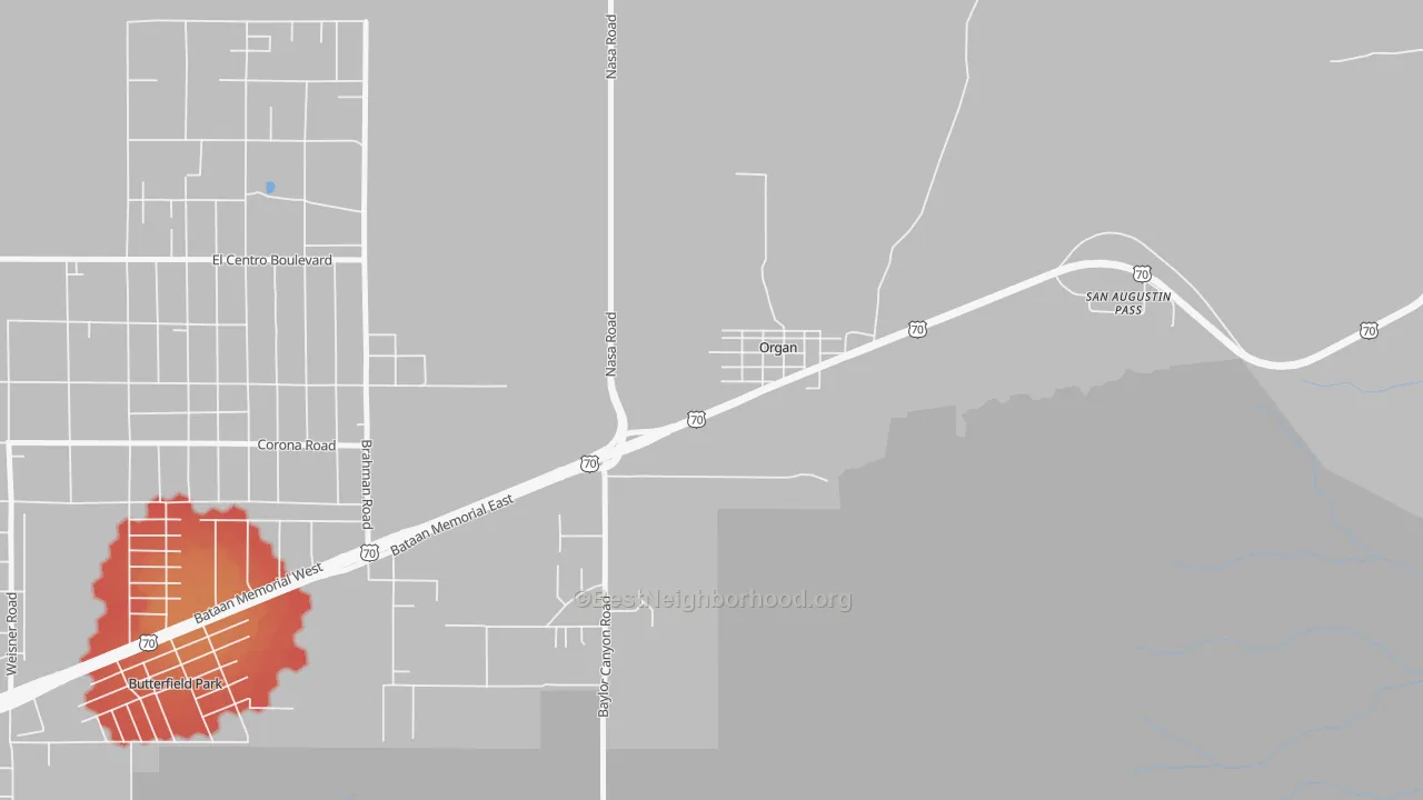 Walk Grade map of 88052, NM, walkable areas in green and car-dependent areas in red