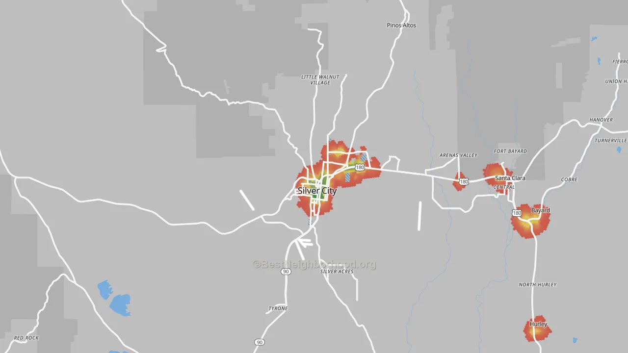 Walk Grade map of 88061, NM, walkable areas in green and car-dependent areas in red