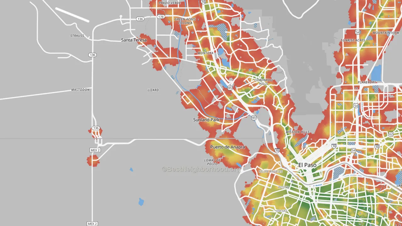 Walk Grade map of 88063, NM, walkable areas in green and car-dependent areas in red